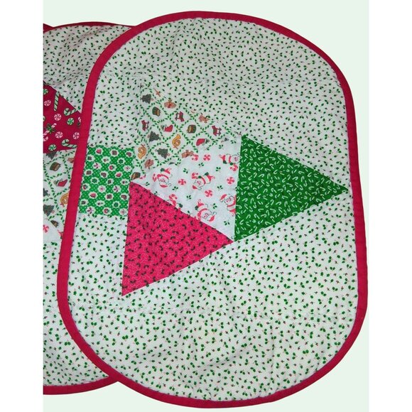 Handmade Quilted Christmas Placemats Set Of 4 Patchwork Design With Red & Green - Picture 4 of 11
